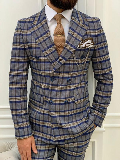 Yukon Blue Slim Fit Double Breasted Plaid Suit