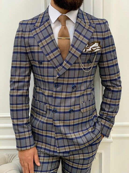 Blue Double Breasted Plaid Suit