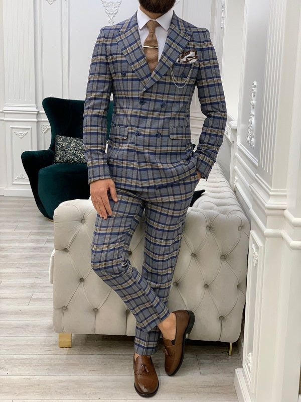 Yukon Blue Slim Fit Double Breasted Plaid Suit