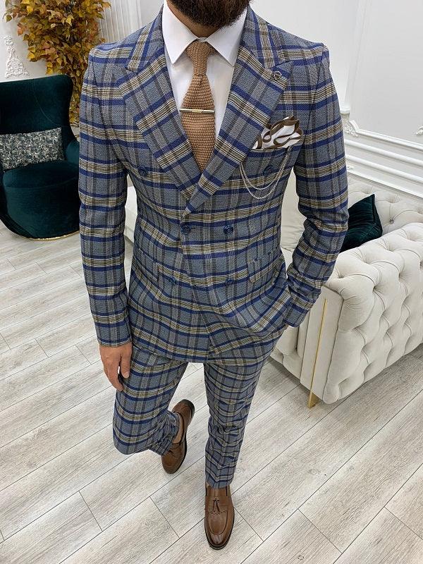 Yukon Blue Slim Fit Double Breasted Plaid Suit