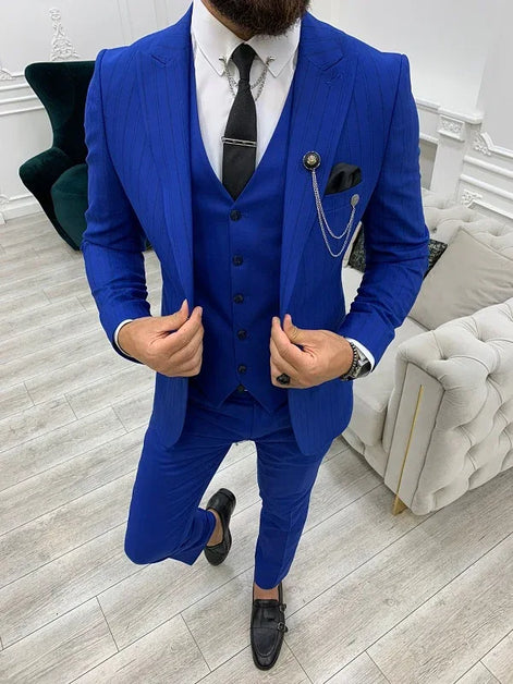 Yukon Royal Blue Slim Fit Peak Lapel Striped Suit