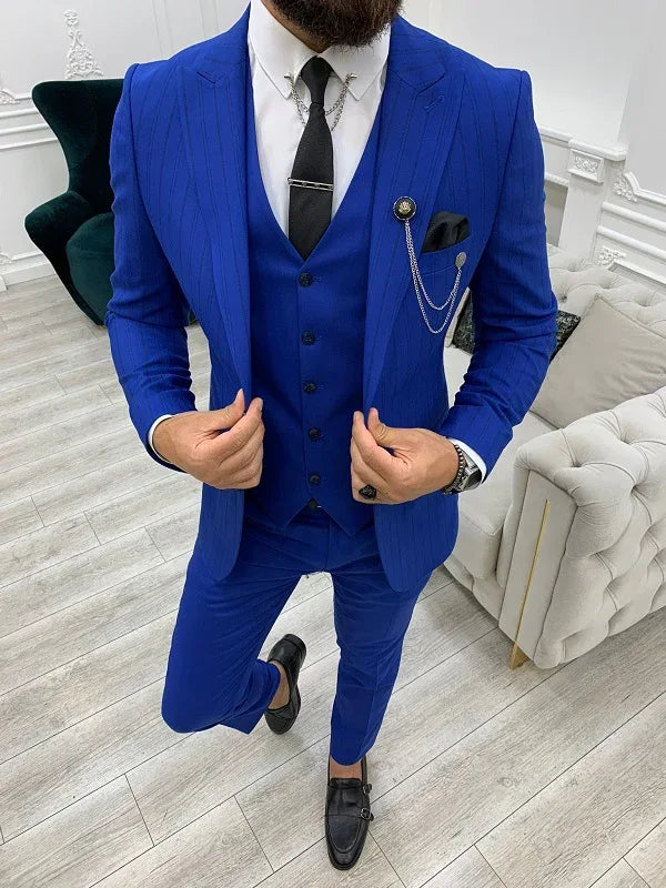 Yukon Royal Blue Slim Fit Peak Lapel Striped Suit