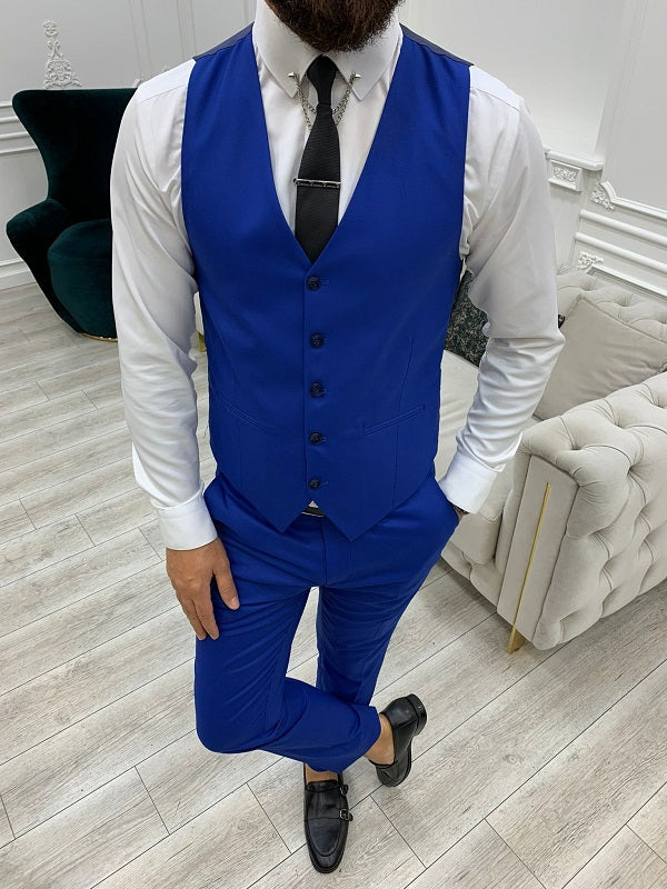 Yukon Royal Blue Slim Fit Peak Lapel Striped Suit