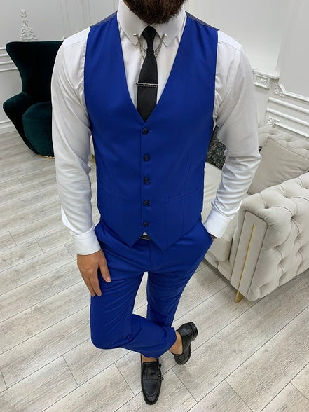Yukon Royal Blue Slim Fit Peak Lapel Striped Suit