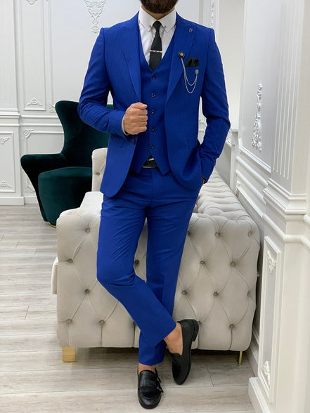 Yukon Royal Blue Slim Fit Peak Lapel Striped Suit