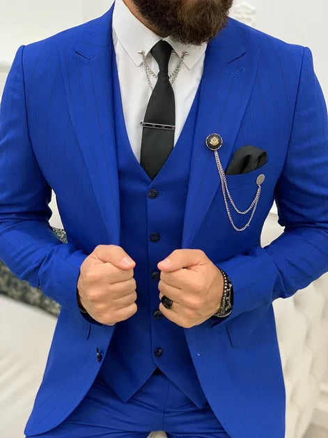 Yukon Royal Blue Slim Fit Peak Lapel Striped Suit