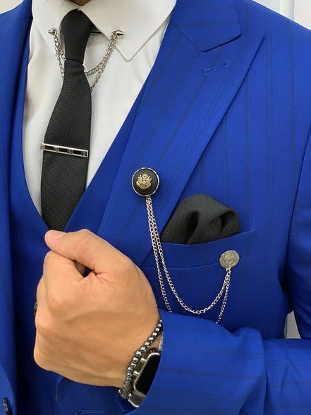 Yukon Royal Blue Slim Fit Peak Lapel Striped Suit
