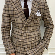 Yukon Brown Slim Fit Double Breasted Plaid Suit