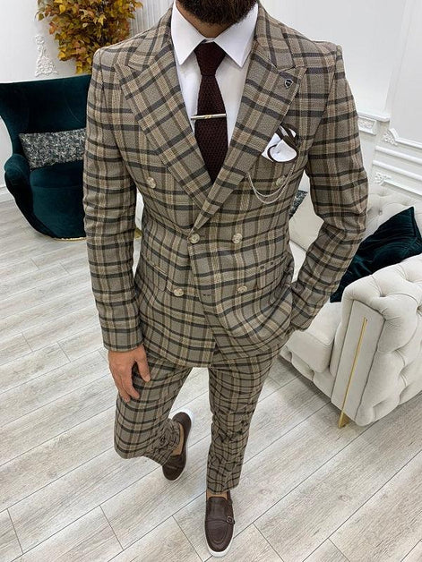 Yukon Brown Slim Fit Double Breasted Plaid Suit