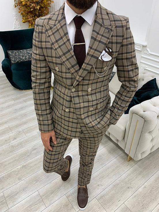 Brown Double Breasted Plaid Suit