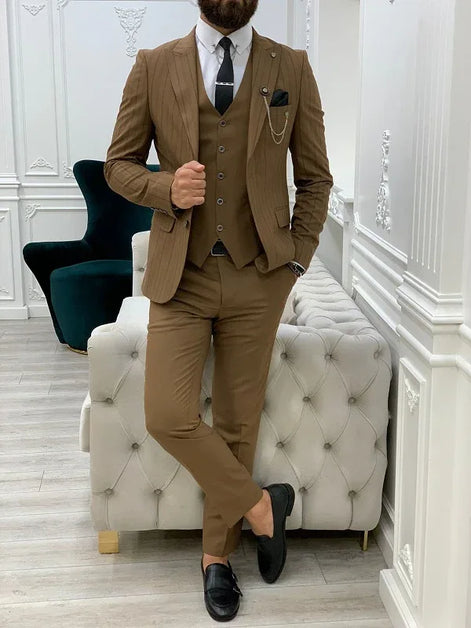 Yukon Brown Slim Fit Peak Lapel Striped Suit