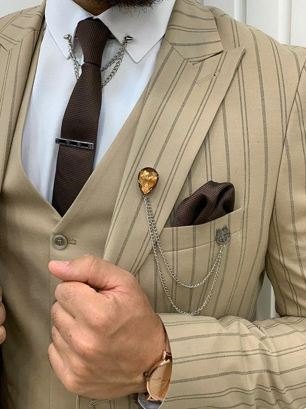 Yukon Cream Slim Fit Peak Lapel Striped Suit