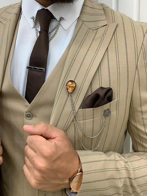 Yukon Cream Slim Fit Peak Lapel Striped Suit