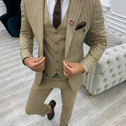 Yukon Cream Slim Fit Peak Lapel Striped Suit