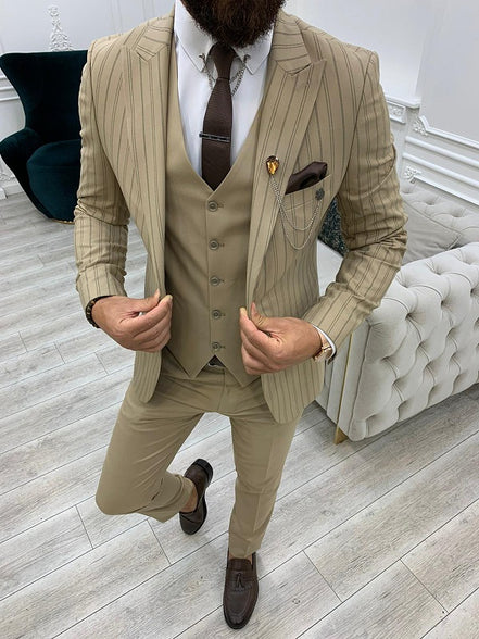 Yukon Cream Slim Fit Peak Lapel Striped Suit
