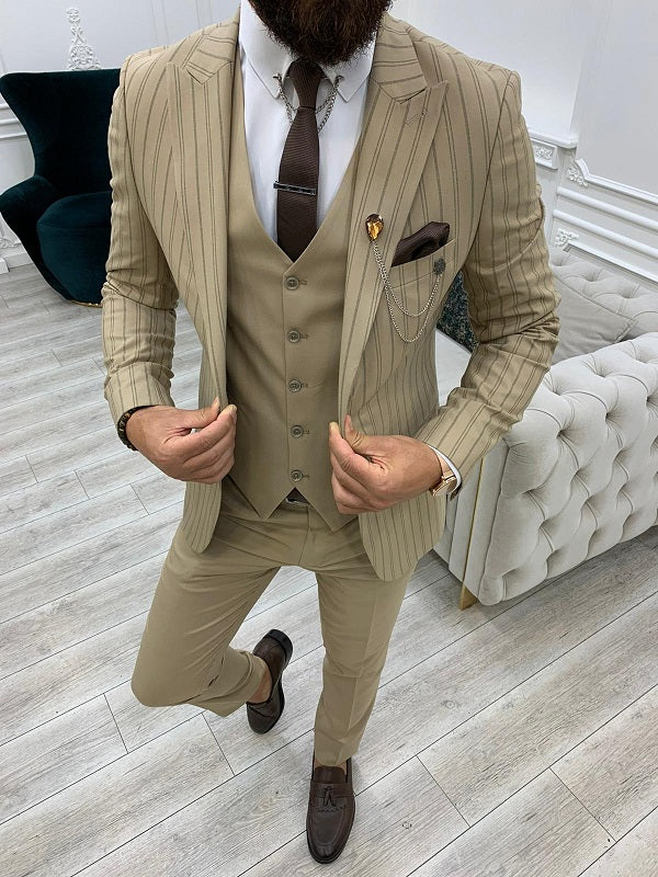 Yukon Cream Slim Fit Peak Lapel Striped Suit