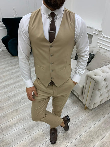 Yukon Cream Slim Fit Peak Lapel Striped Suit