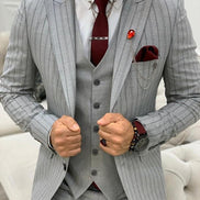 Yukon Gray Slim Fit Peak Lapel Striped Suit