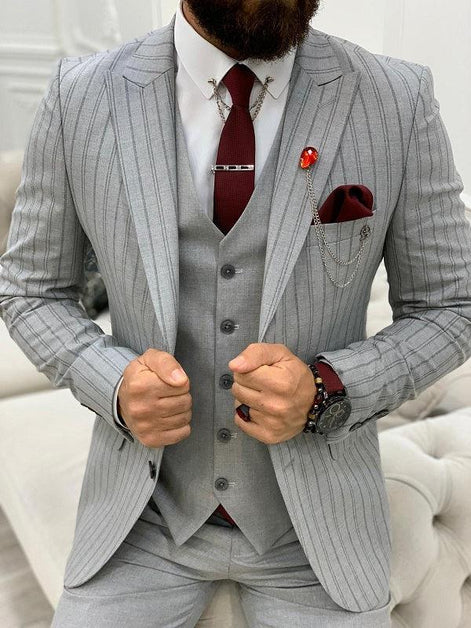 Yukon Gray Slim Fit Peak Lapel Striped Suit