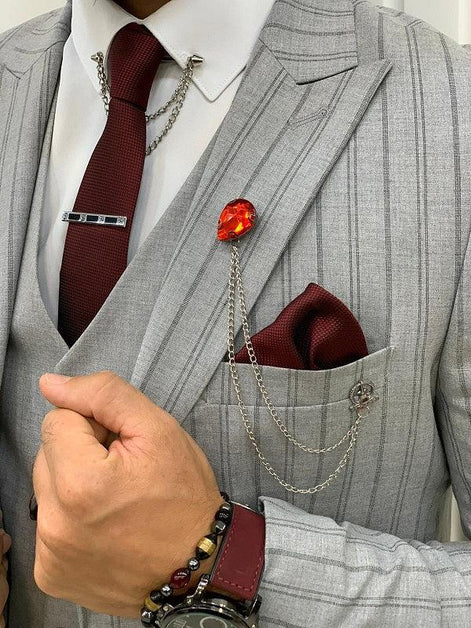 Yukon Gray Slim Fit Peak Lapel Striped Suit