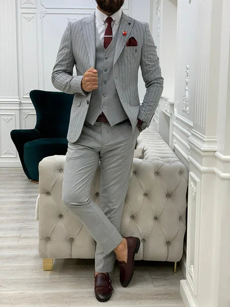 Yukon Gray Slim Fit Peak Lapel Striped Suit