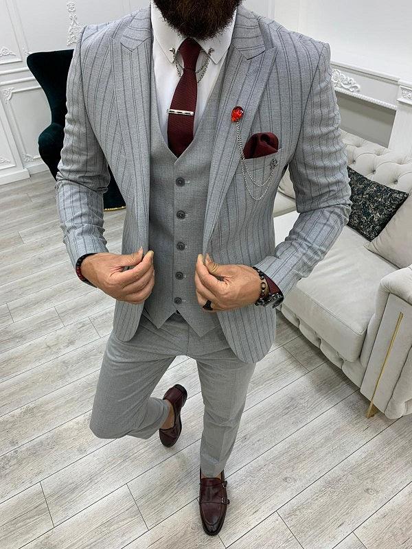 Yukon Gray Slim Fit Peak Lapel Striped Suit