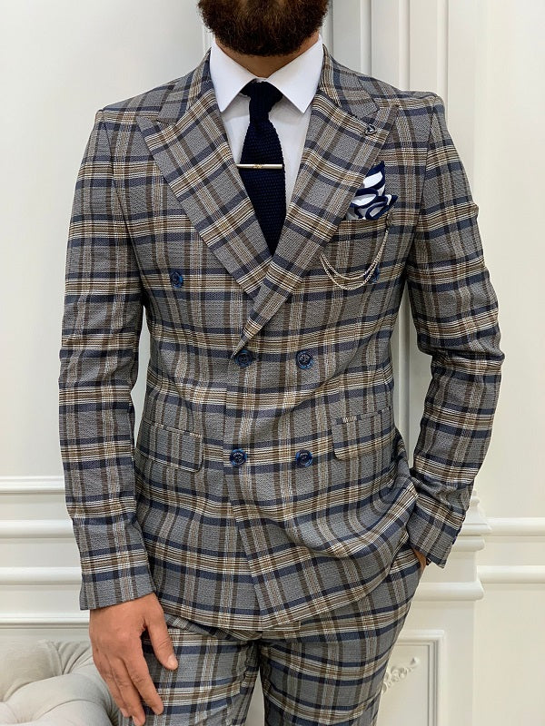 Yukon Navy Blue Slim Fit Double Breasted Plaid Suit