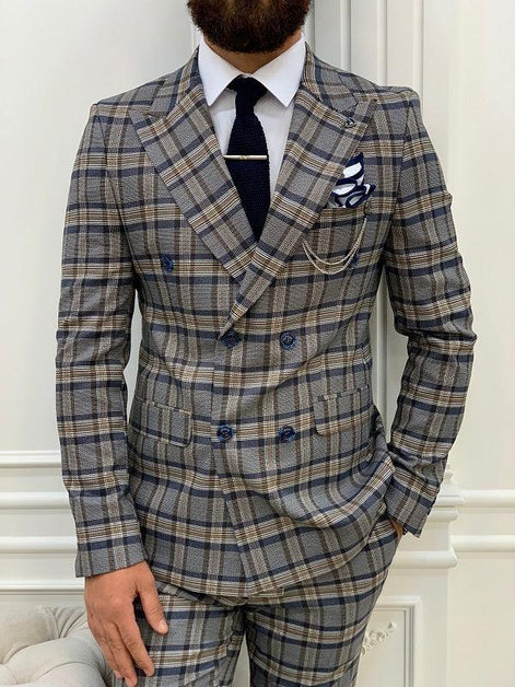 Yukon Navy Blue Slim Fit Double Breasted Plaid Suit