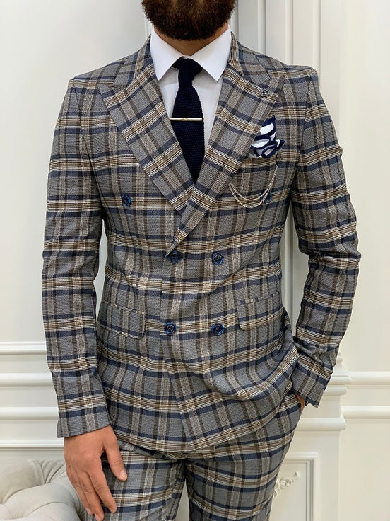 Navy Blue Double Breasted Plaid Suit