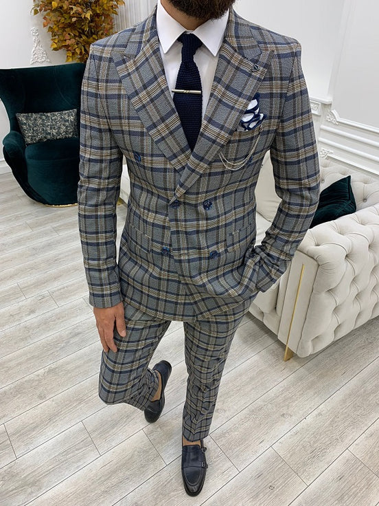 Navy Blue Double Breasted Plaid Suit