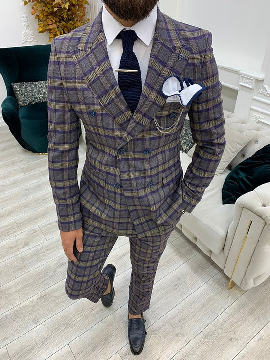 Purple Double Breasted Plaid Suit