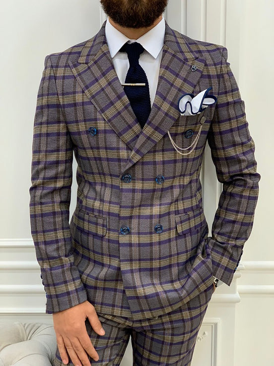 Purple Double Breasted Plaid Suit