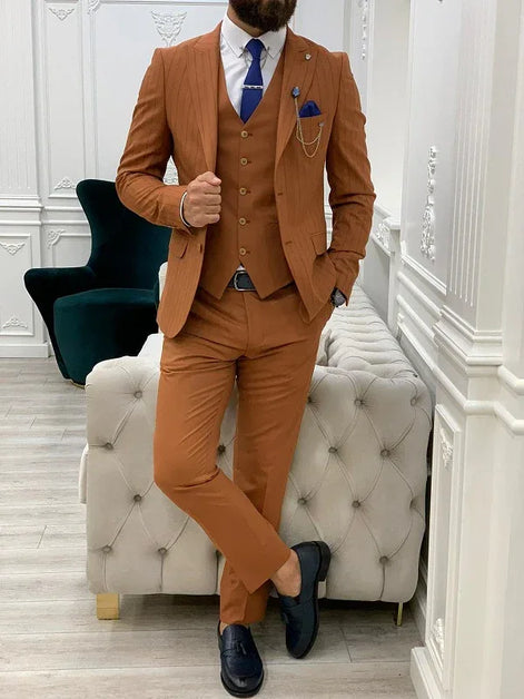 Yukon Rust Slim Fit Peak Lapel Striped Suit