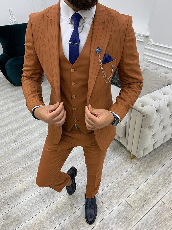 Yukon Rust Slim Fit Peak Lapel Striped Suit
