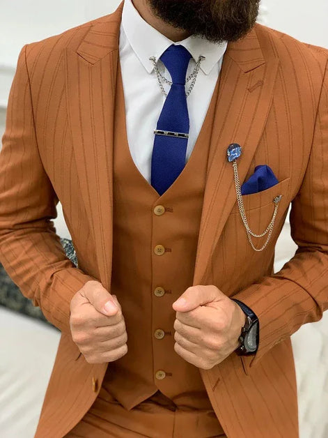 Yukon Rust Slim Fit Peak Lapel Striped Suit
