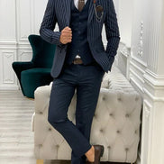 Yukon Navy Blue Slim Fit Peak Lapel Striped Suit
