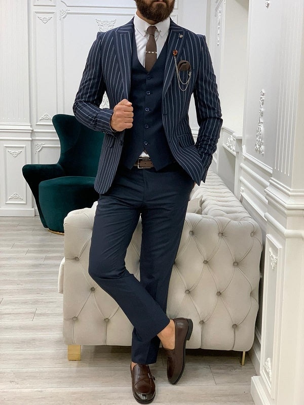 Yukon Navy Blue Slim Fit Peak Lapel Striped Suit