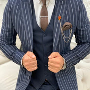 Yukon Navy Blue Slim Fit Peak Lapel Striped Suit