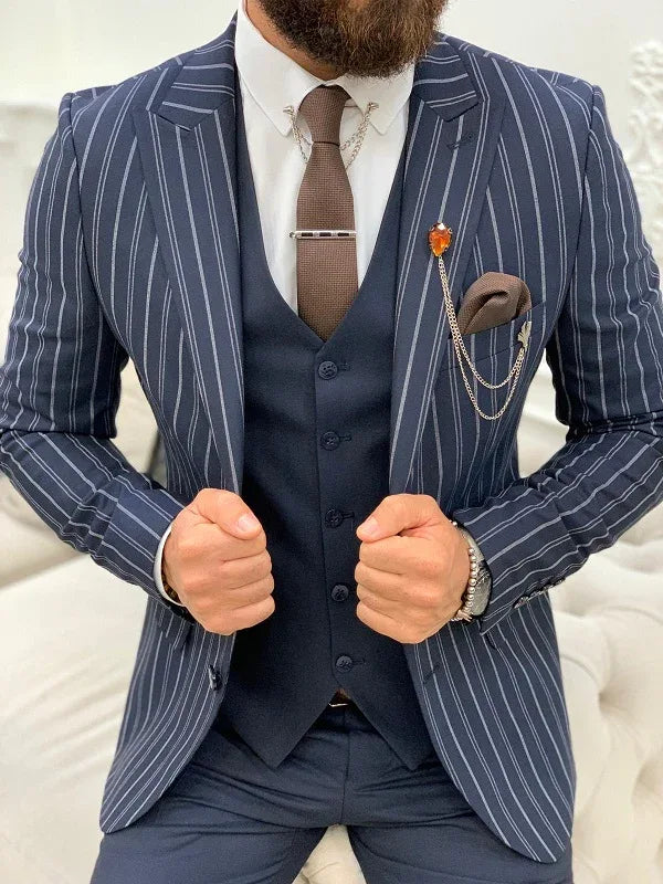 Yukon Navy Blue Slim Fit Peak Lapel Striped Suit