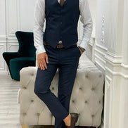 Yukon Navy Blue Slim Fit Peak Lapel Striped Suit