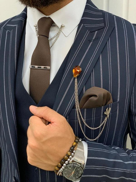 Yukon Navy Blue Slim Fit Peak Lapel Striped Suit