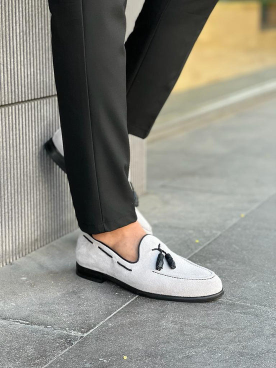 Gray Suede Tassel Loafers