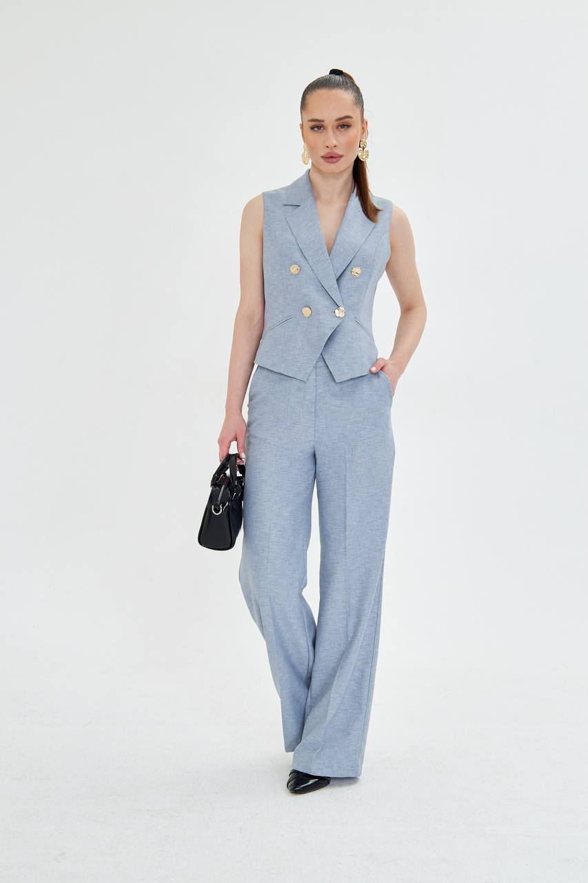 Gray Sleeveless Vest & Wide Leg Pants