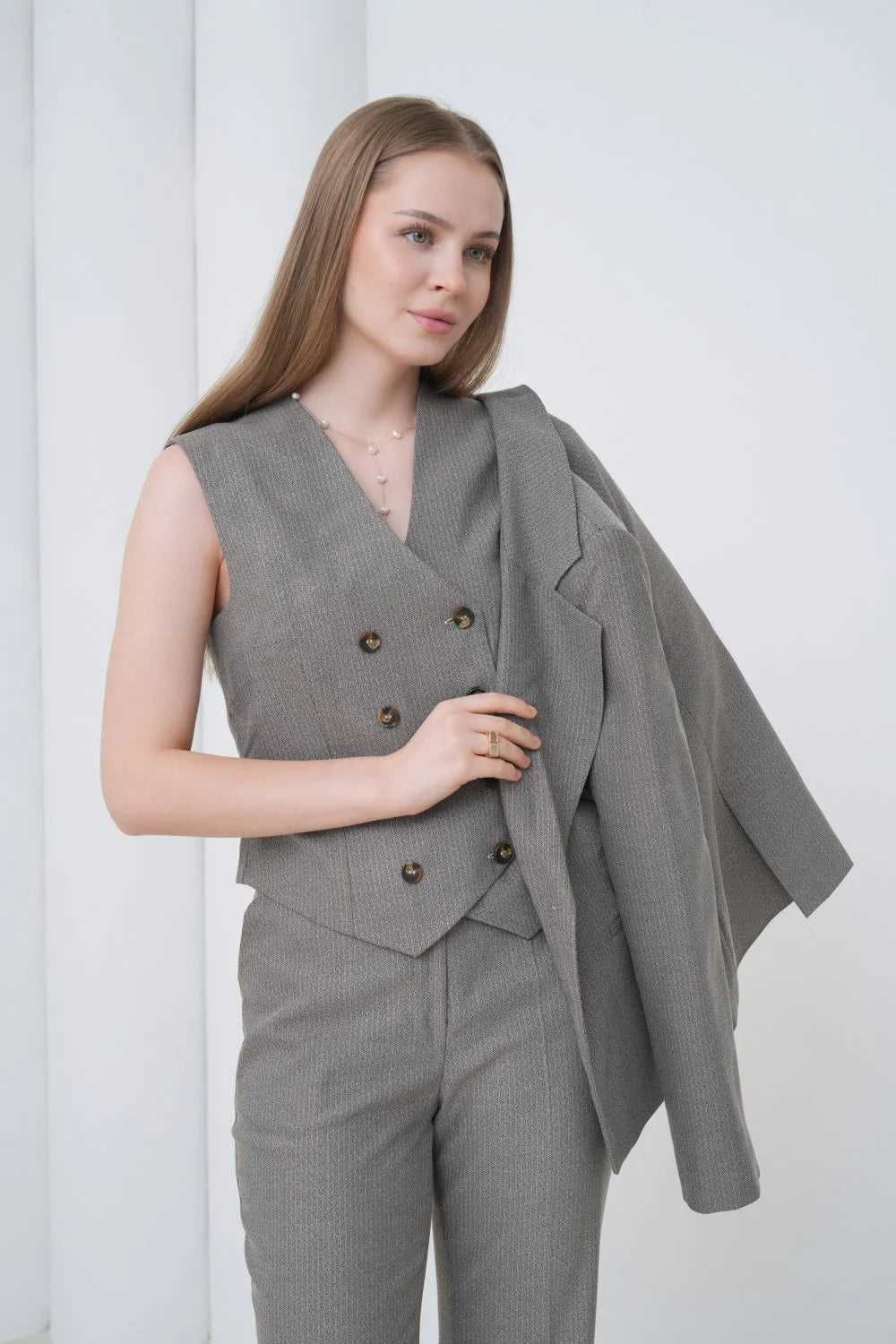Gray Striped Women Suit