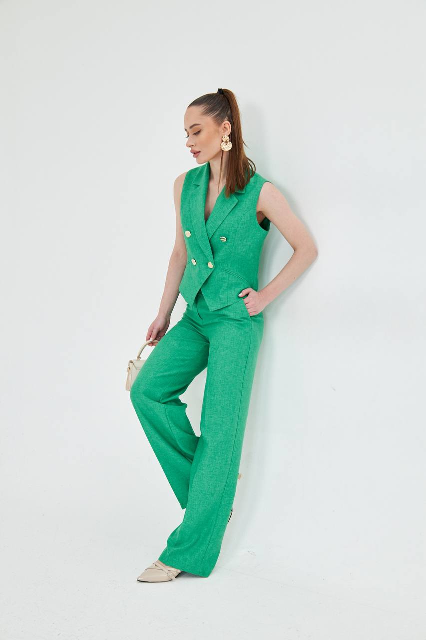Green Sleeveless Vest & Wide Leg Pants