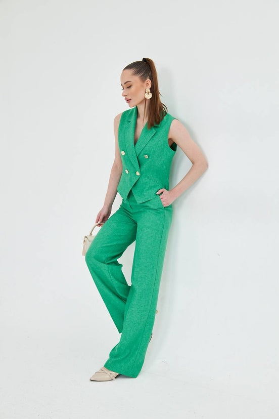 Green Sleeveless Vest & Wide Leg Pants