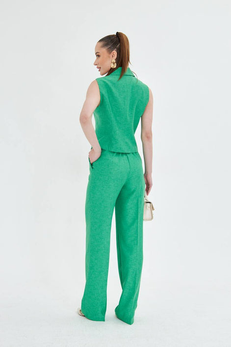 Green Sleeveless Vest & Wide Leg Pants