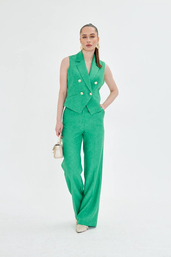 Green Sleeveless Vest & Wide Leg Pants