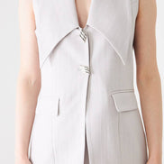 Grey Longline Vest Wide Leg Pants Suit Set