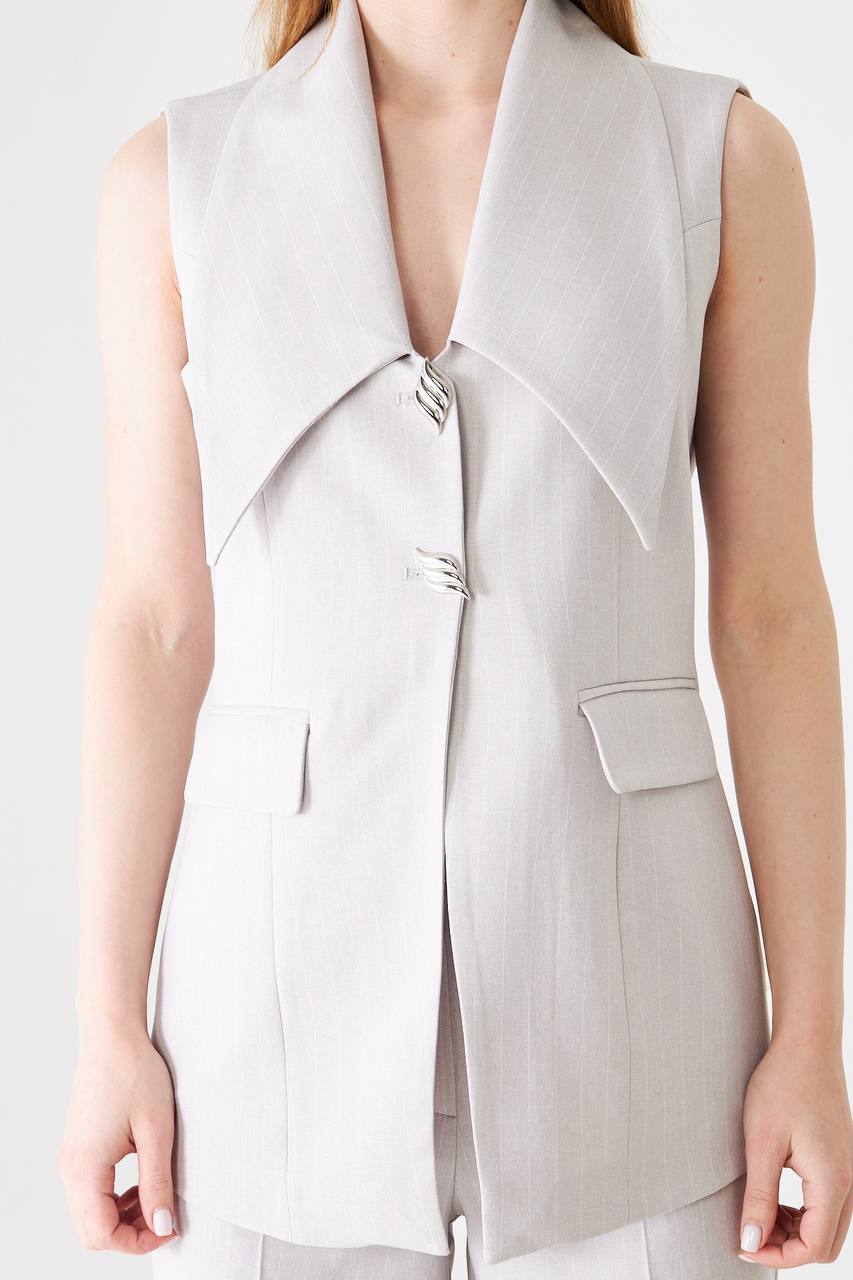 Grey Longline Vest Wide Leg Pants Suit Set